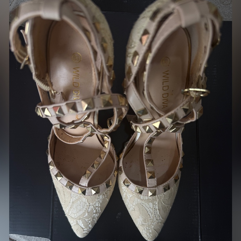 Wild Diva Lace Pointed-Toe Studded Strappy Heels in Cream and Gold